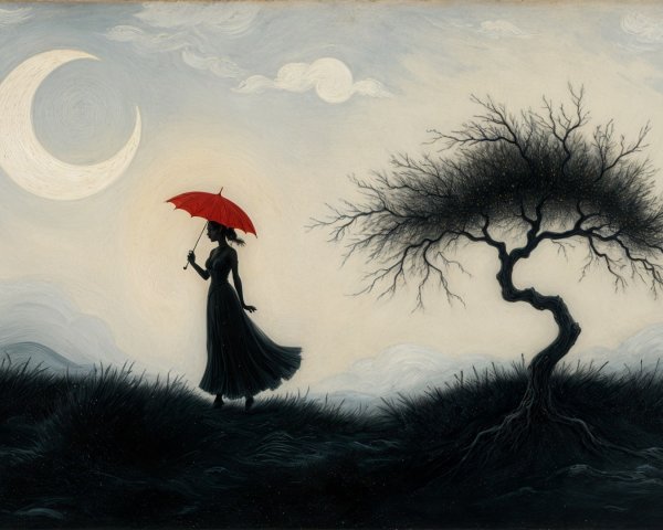 Solitary figure with umbrella on grassy hill at night