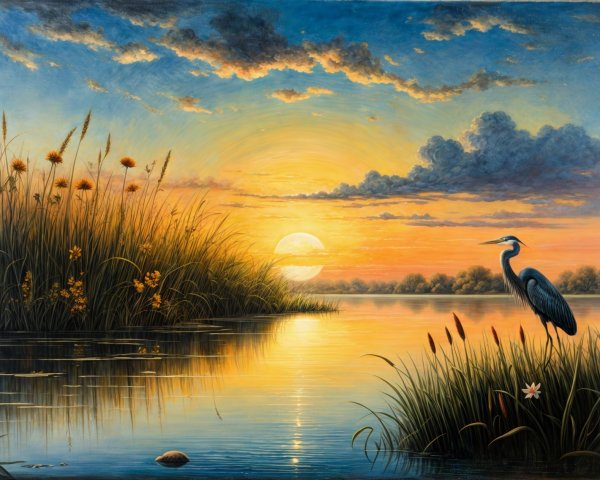 Tranquil Dawn Landscape with River and Heron
