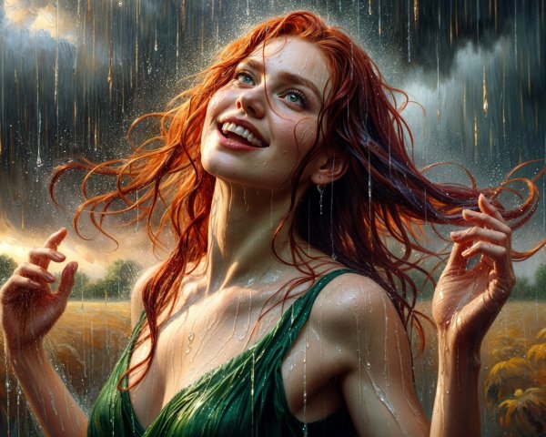 Joyful Woman in Green Dress in Rainy Field Scene