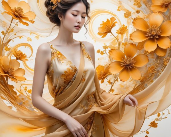 Serene Figure in Golden Gown Amidst Floral Backdrop