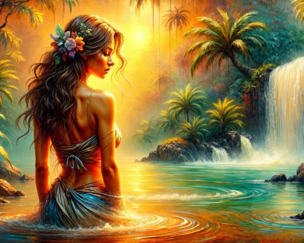 Woman Wading in Tranquil Waters Surrounded by Nature