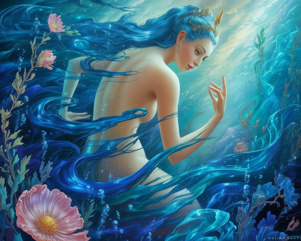 Underwater Scene with Graceful Figure and Aquatic Life