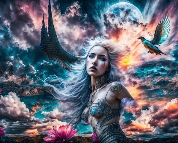 Mystical Landscape with Woman in Armor and Ethereal Sky