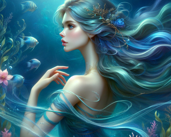Underwater Scene with Woman and Colorful Marine Life