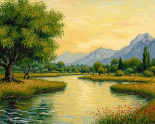 Serene landscape with river, greenery, and mountains