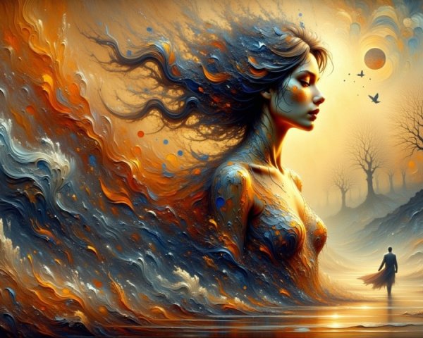Flowing Figure with Vibrant Swirls in Dreamlike Landscape