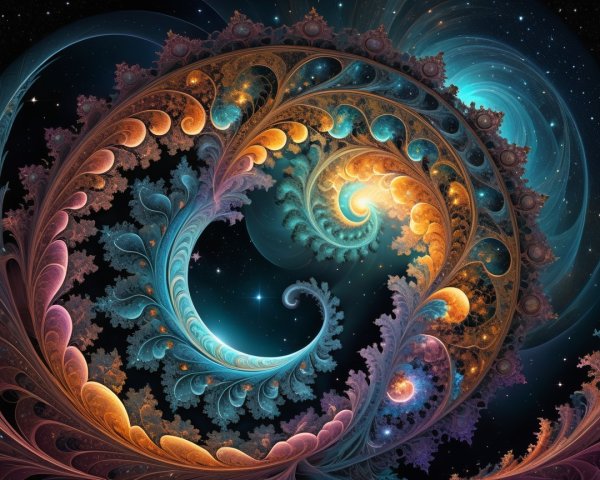 Fractal Pattern with Swirling Shapes and Cosmic Colors