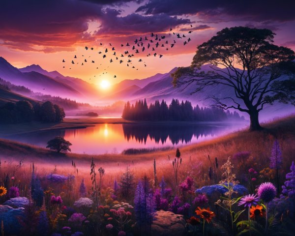 Vibrant Sunset Over Serene Lake and Mountains