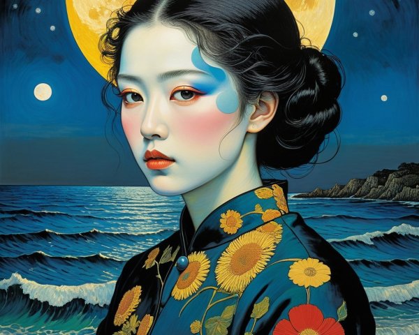 Serene Woman in Traditional Attire Under Full Moon
