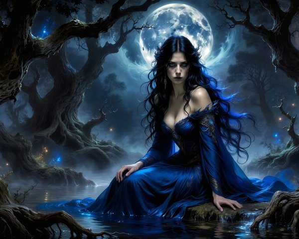 Woman in blue dress by riverbank under full moon