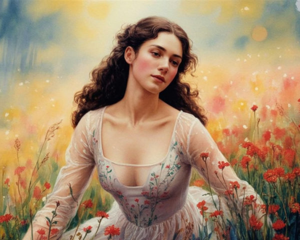 Young woman in white gown in wildflower field
