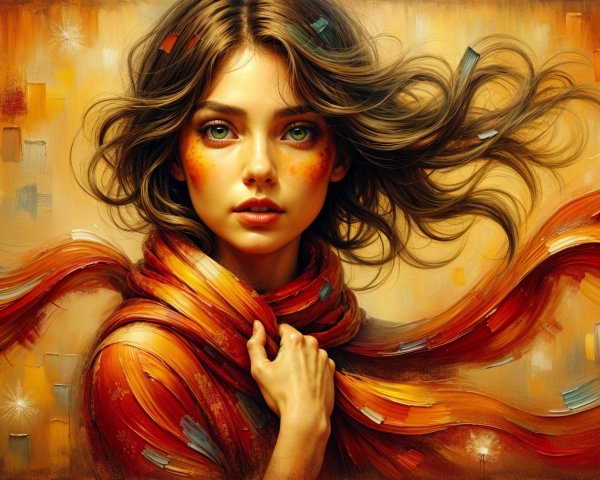 Young woman with wavy hair in warm colors