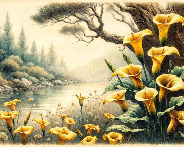 Serene Landscape with Yellow Calla Lilies and River