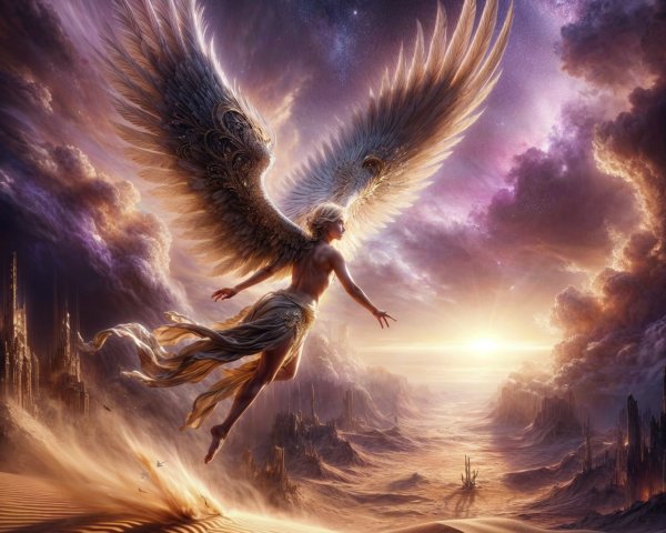 Winged Figure in Surreal Desert at Sunset