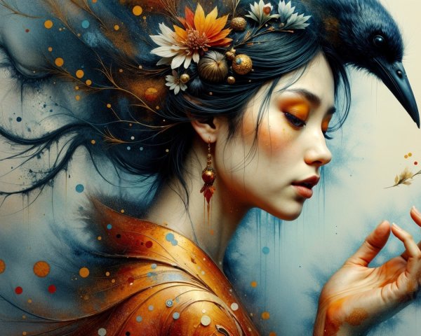 Serene Woman with Flowers and Raven in Dreamy Colors