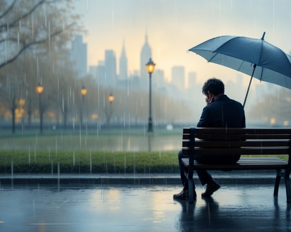 Solitary Figure on Park Bench Under Rainy Umbrella