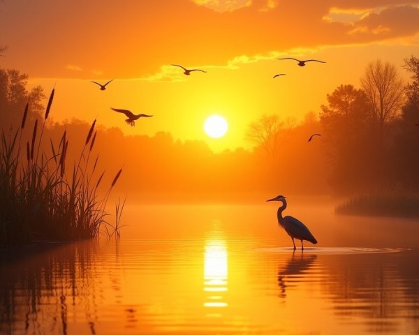 Serene Sunset Over a Tranquil Lake with Heron