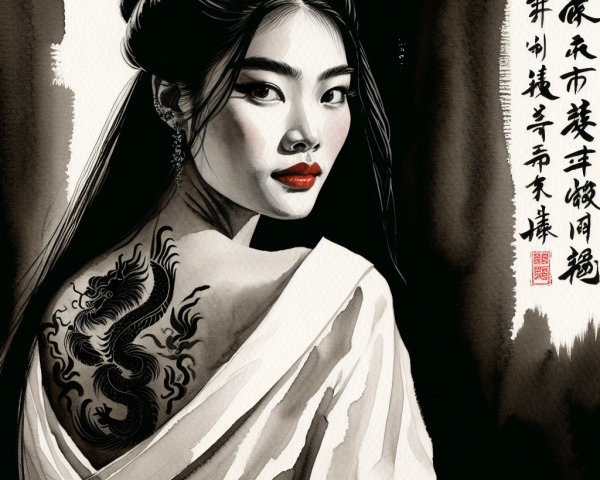 Black and White Watercolor of Asian Woman in Kimono