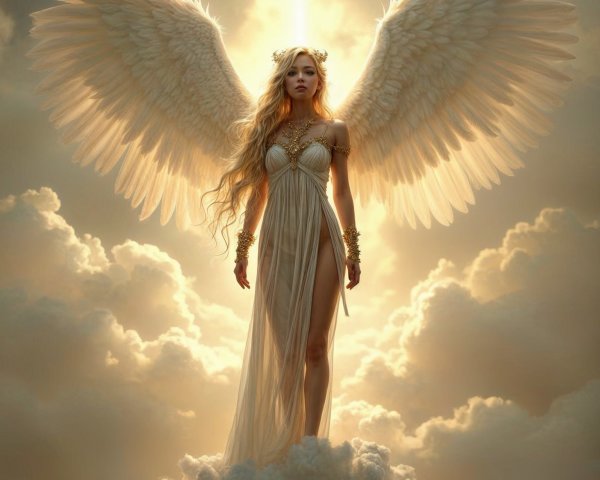 Majestic angel in radiant gown among ethereal clouds