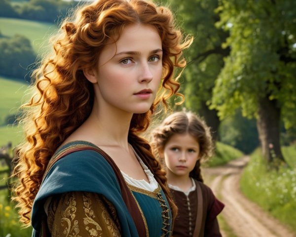 Young woman in medieval dress with child on dirt path