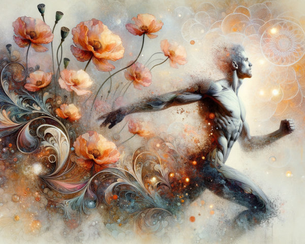 Surreal Figure in Motion with Floral Motifs and Colors