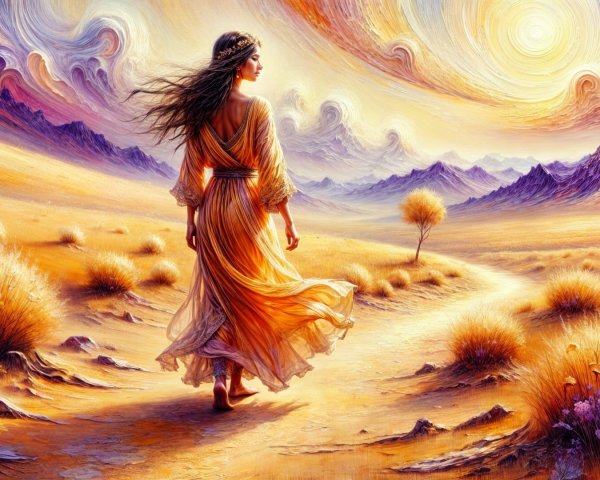 Woman in flowing dress walks through golden desert landscape