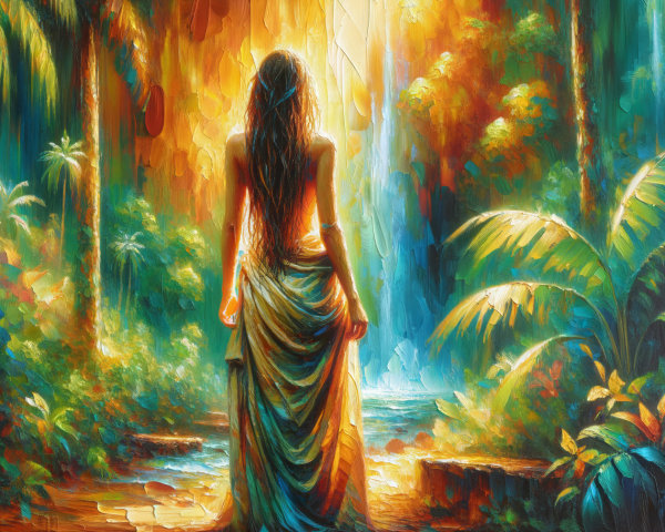 Vibrant Tropical Scene with Waterfall and Woman