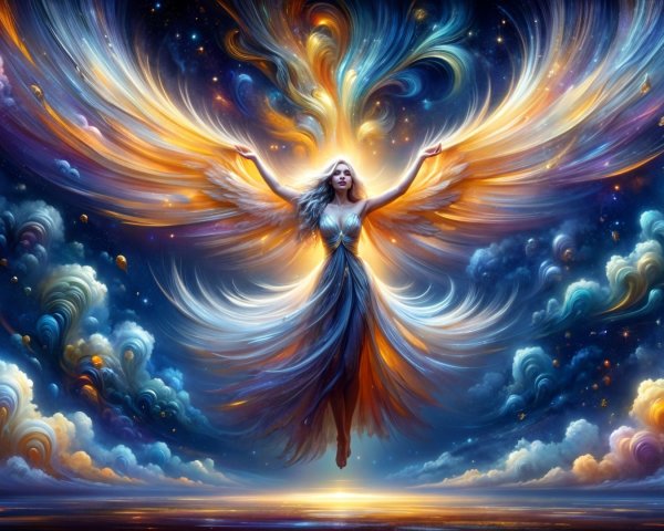 Celestial Figure in Vibrant Colors and Dreamlike Sky