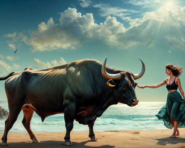 Serene beach scene with a woman and a bull