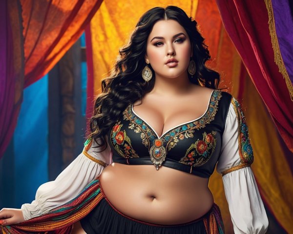 Confident Woman in Embroidered Crop Top Against Colorful Backdrop