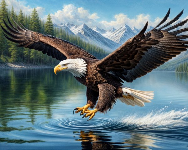 Bald Eagle Soaring Over Serene Lake and Mountains