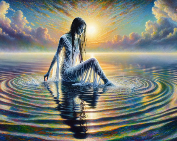 Serene Woman in White Attire Surrounded by Calm Waters