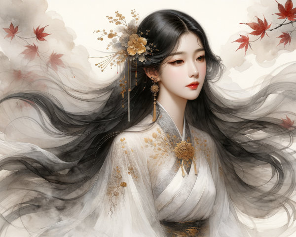 Serene Young Woman in Traditional Garment Amid Autumn Leaves