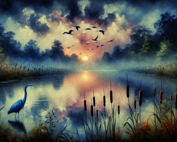 Serene Lake Landscape with Sunset and Silhouetted Trees