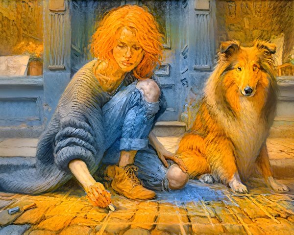 Young Woman with Orange Hair Drawing on Cobblestones