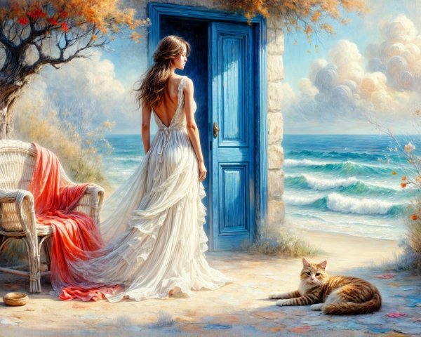 Coastal Scene with Woman at Open Door and Cat