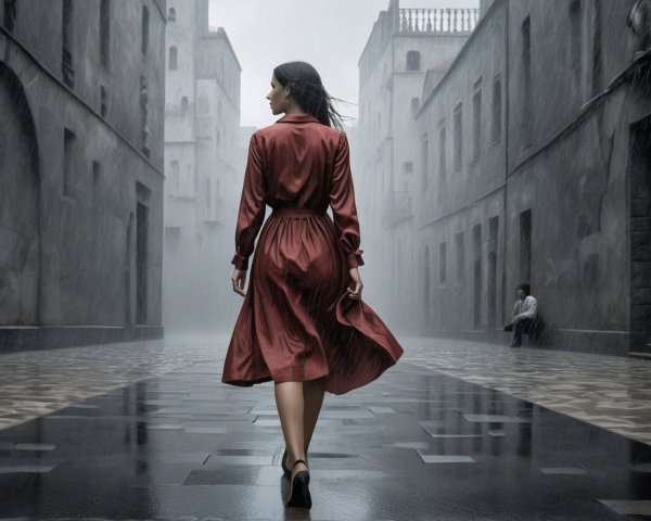 Woman in Red Dress on Rainy Urban Street