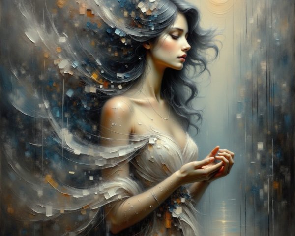 Ethereal Woman with Flowing Hair and Abstract Patterns