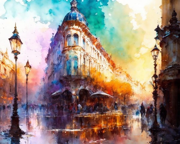 Vibrant Watercolor of Historic Building at Sunset