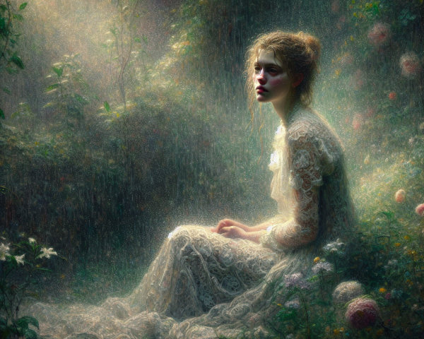 Young woman in vintage lace dress in ethereal garden