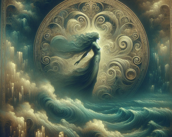 Mystical Figure in Ethereal Waves and Clouds