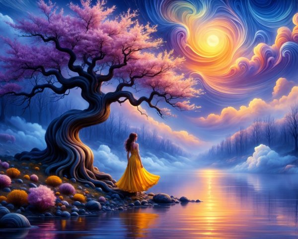 Twilight Landscape with Blossoming Tree and River