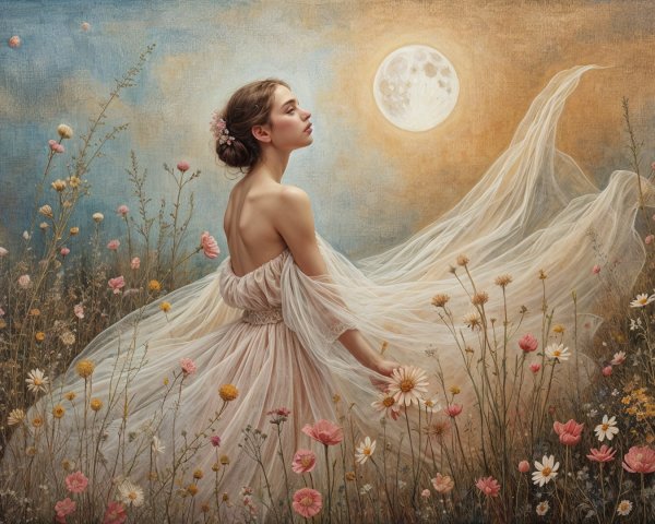 Young Woman in Ethereal Dress Amidst Wildflowers