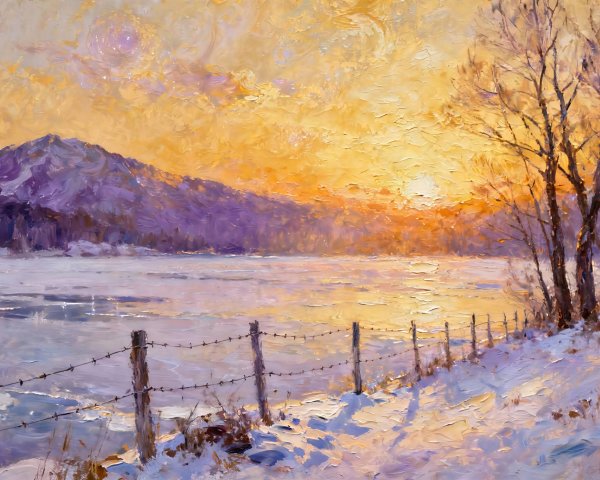 Winter Sunrise Over Mountain Lake in Impasto Style