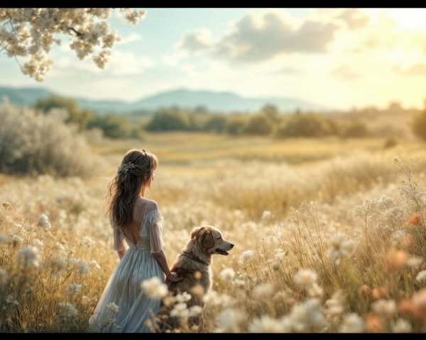 Young girl in white dress with dog in sunlit field