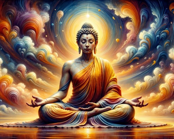 Serene Buddha in Meditation with Colorful Clouds