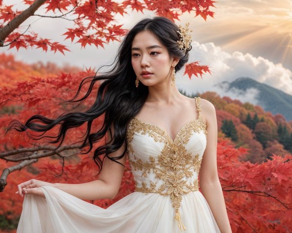 Young Woman in White Gown Among Autumn Maple Leaves