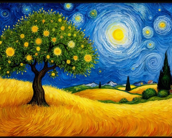 Vibrant landscape with golden fields and night sky