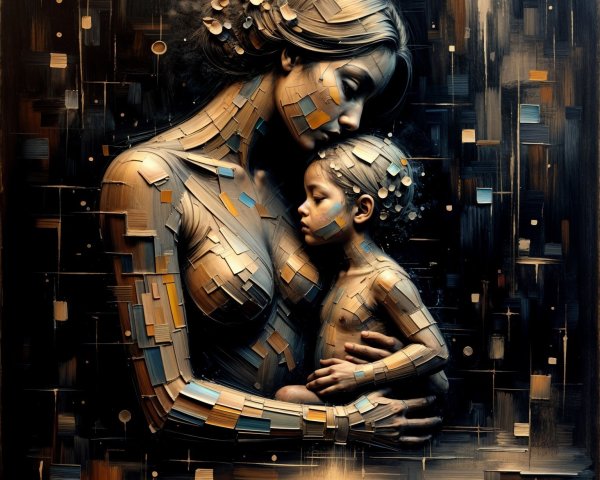 Surreal Artwork of Mother and Child with Abstract Patterns