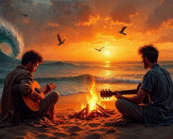 Campfire Scene with Guitars on Sunset Beach